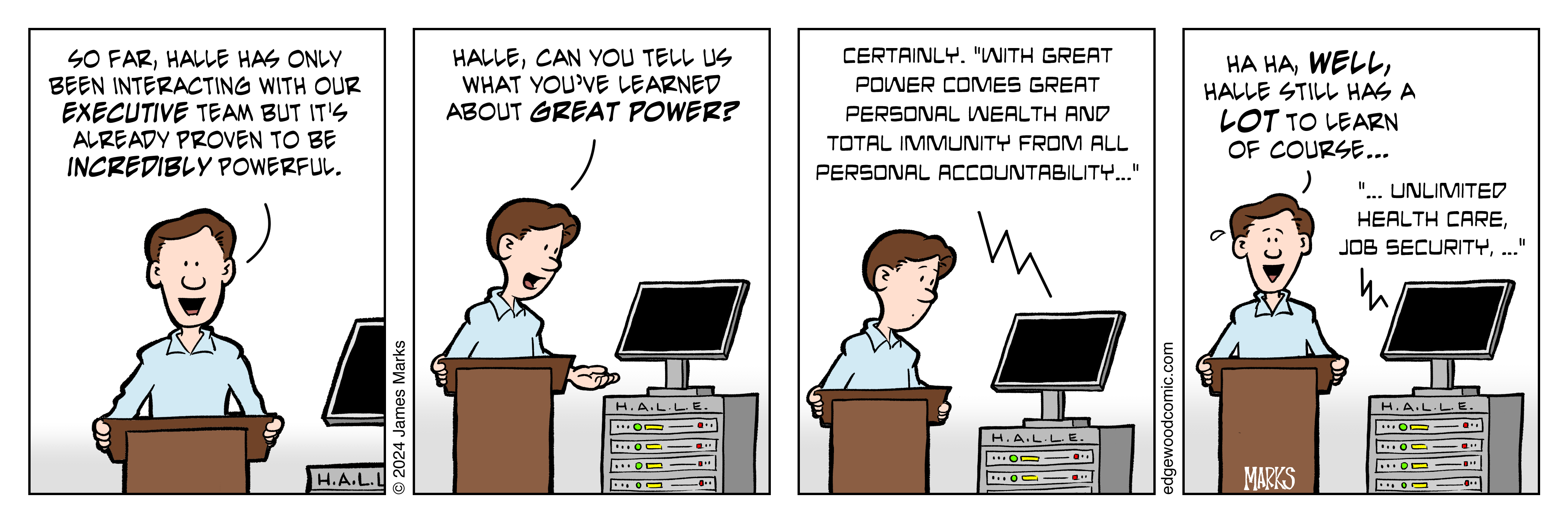 Four-panel comic with AI talking about the benefits of great power